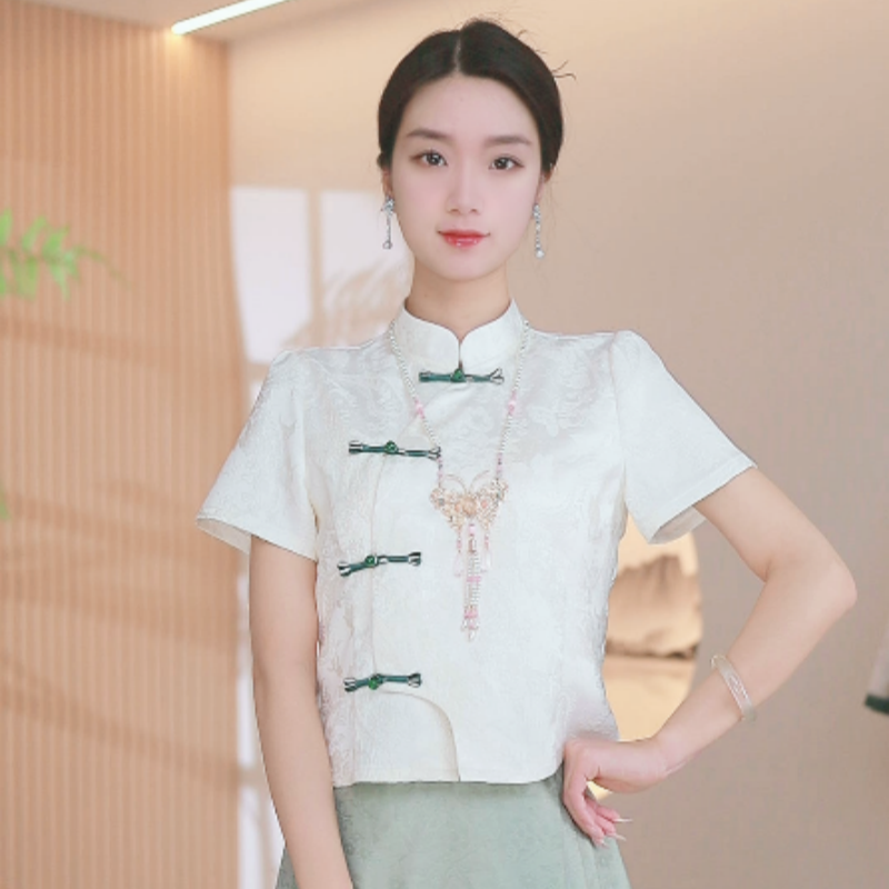 【苏白】新中式夏季新款2025国风百搭上衣中式小立领衬衫开衫 灵清