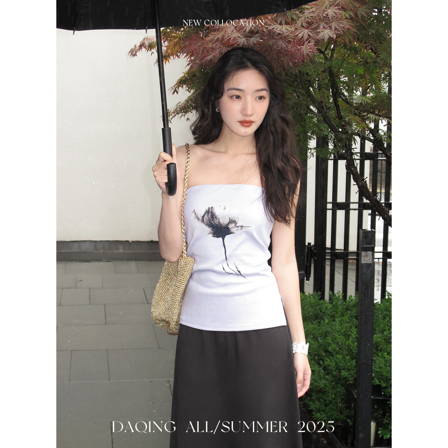 许大晴【采莲】复古晕染花卉紫色修身抹胸T恤D0A15