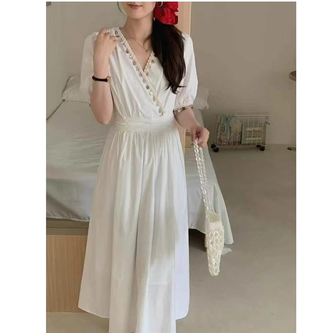 玲玲服饰【2668】uum家 V领贝壳连衣裙