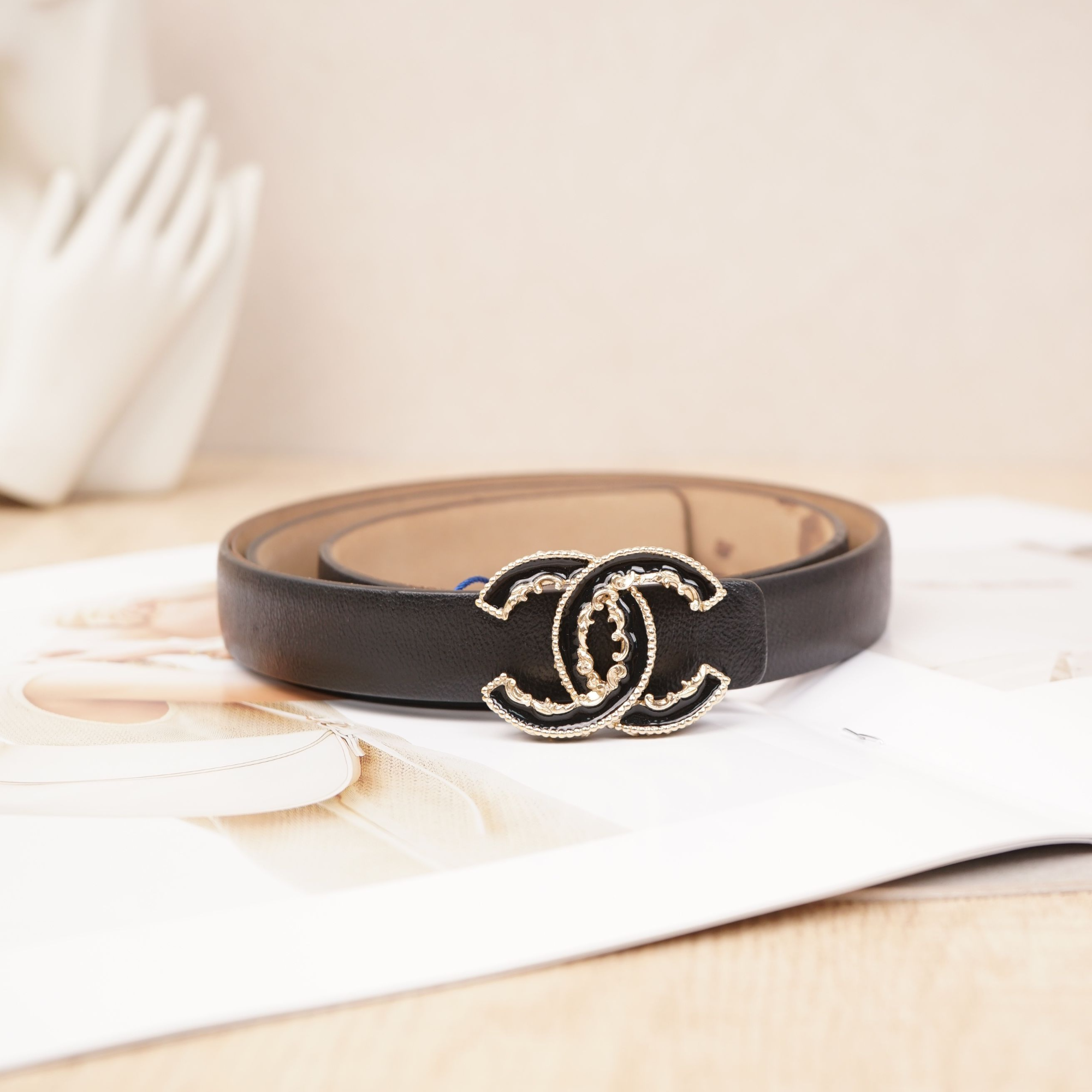 95新 Chanel/香奈儿 珐琅双C窄版腰带85码宽约2cm/DS022083