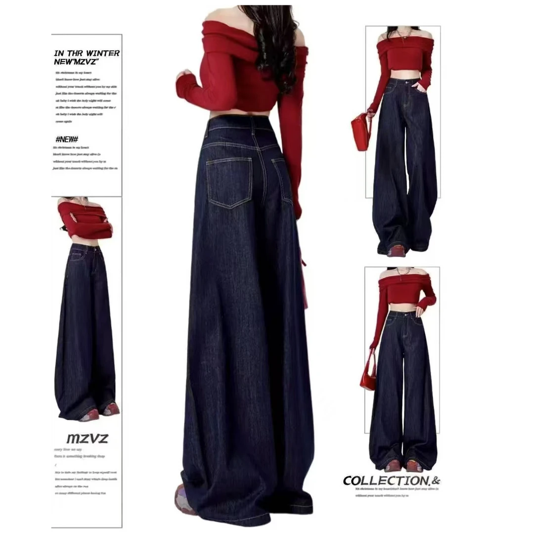 沃林春天丹青蓝色阔腿牛仔裤高腰宽松设计