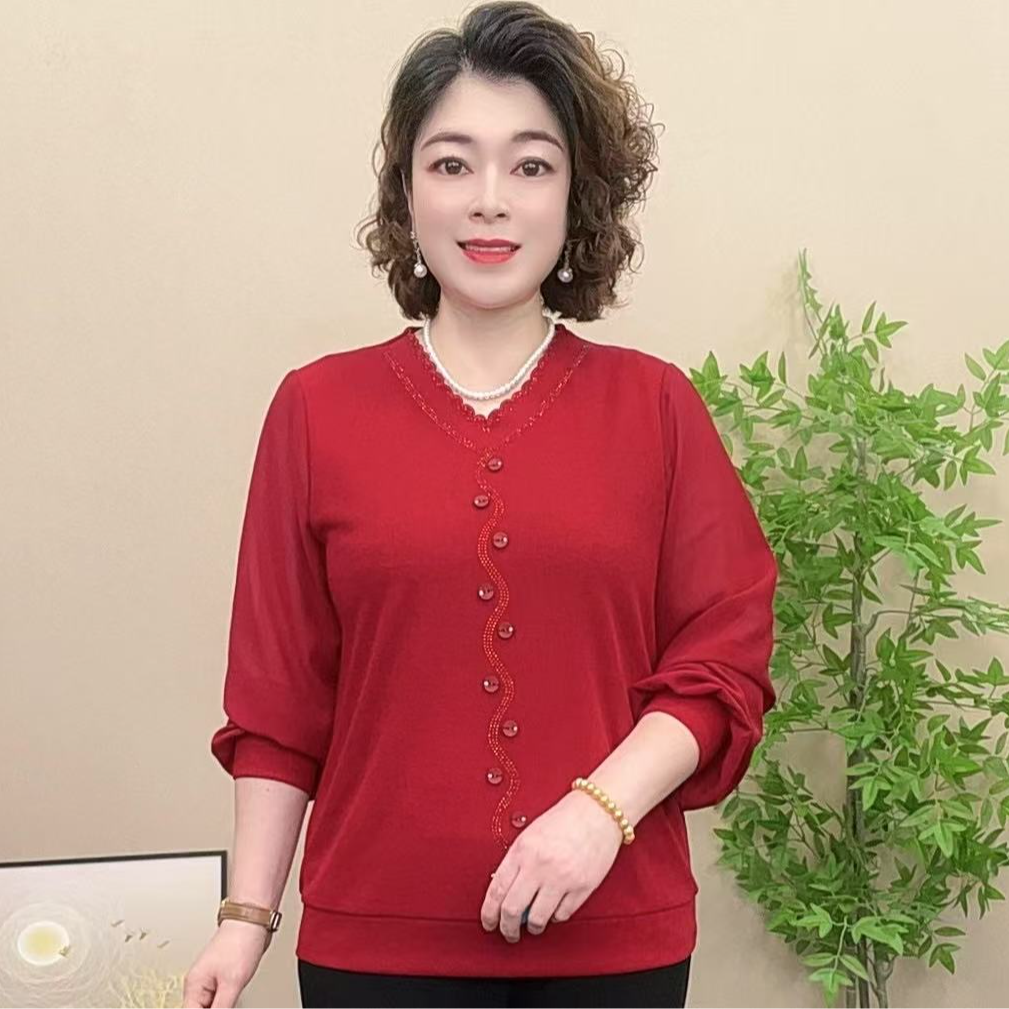 长袖妈妈装秋季中老年女装显瘦烫钻针织上衣气质流行漂亮百搭宽松