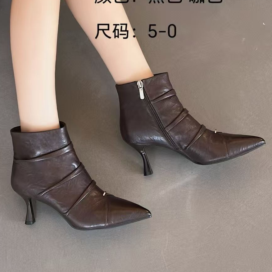 细跟牛皮加绒短靴58898浅咖