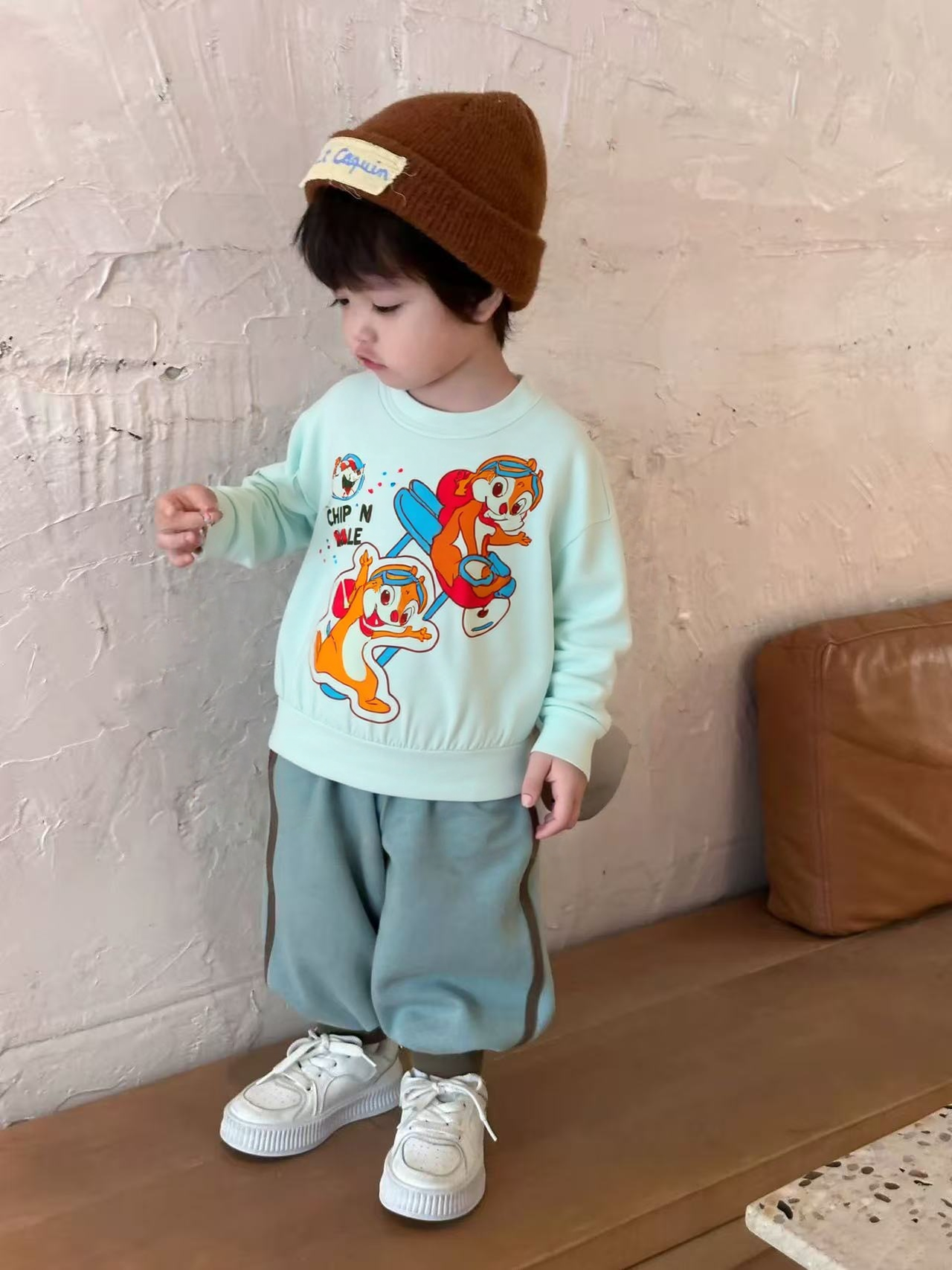 【特】绿色2025秋冬季儿童新款休闲风百搭卡通印花长袖T恤圆领卫衣