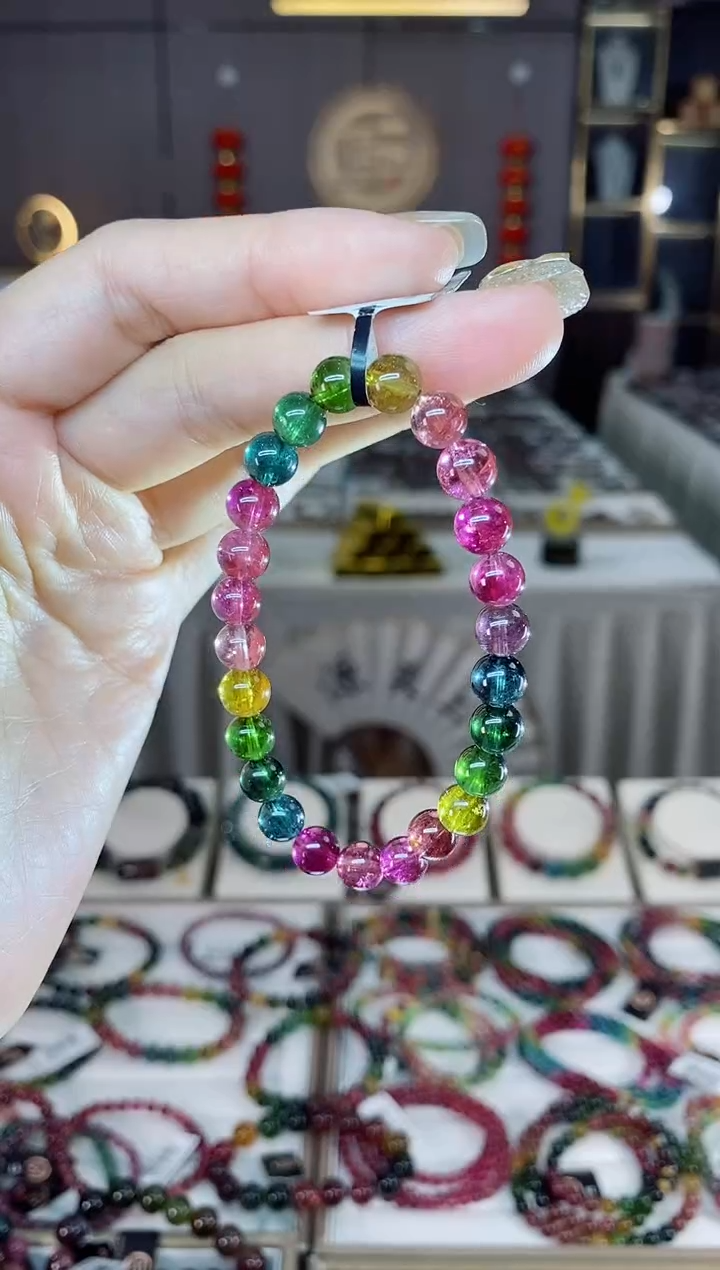 未镶嵌老矿碧玺色标彩虹净体单圈手串7mm+碧玺dan一物一证