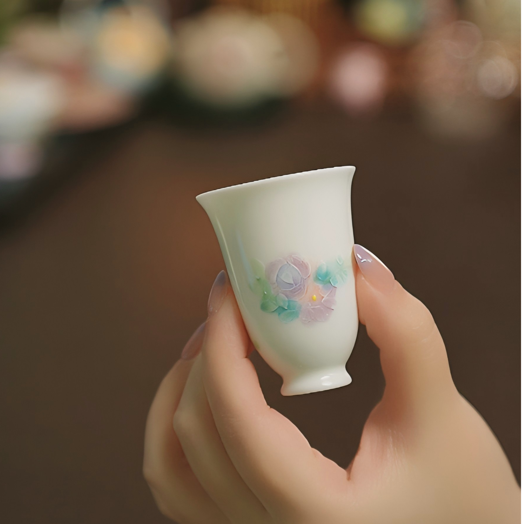 花影纯手绘釉下彩堆绘玫瑰花油画风女士陶瓷茶具闻香杯（50ml）