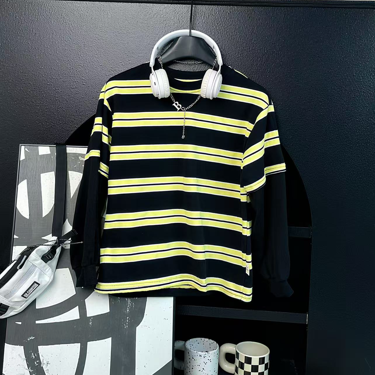 sisikids潮童黄黑条纹时尚假两件T恤tx262092