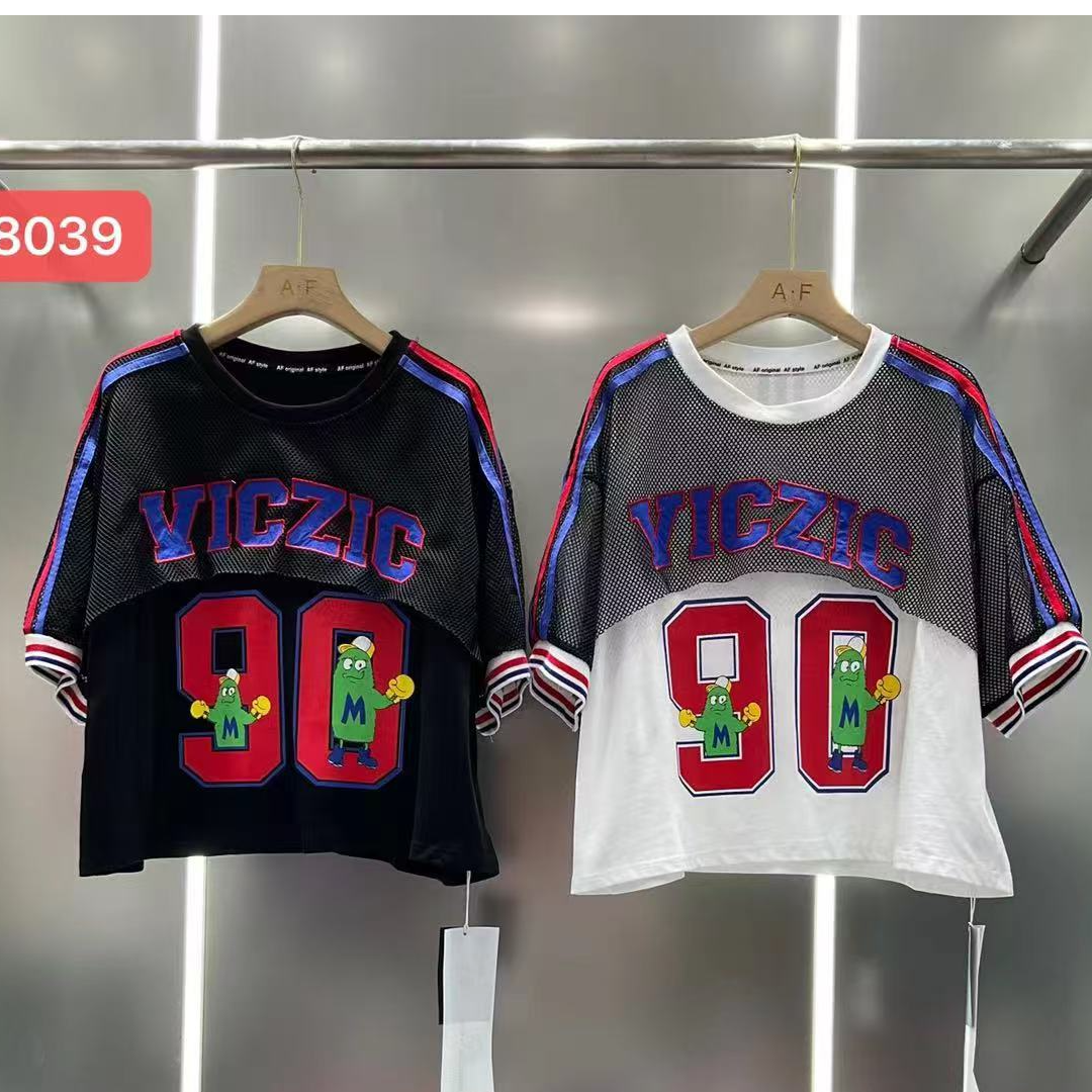 LY家58039# AF 90数字印花网纱拼接短款T恤