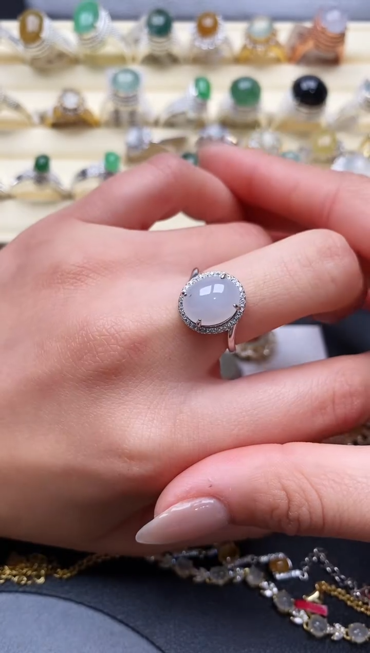 【闪购商品】翡翠戒指银S925镶嵌缅甸天然A货翡翠66   5-10