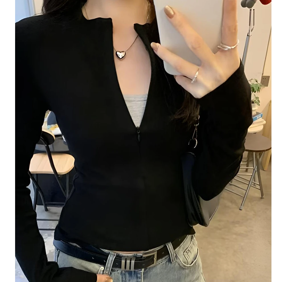 韩版秋季拉链百搭长袖T恤女修身显瘦抗起球抗静电双面绒上衣7080