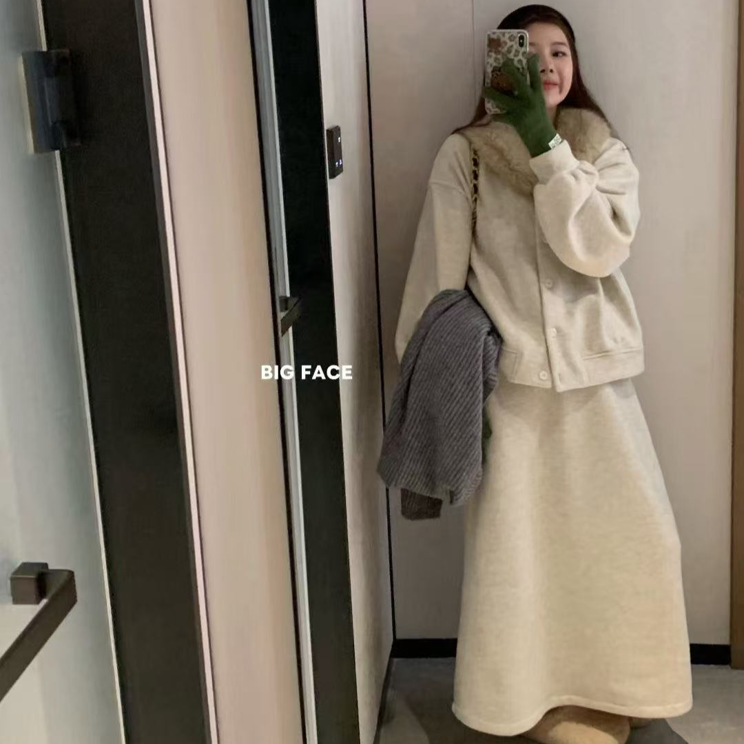 99126•毛领套装 TZ# 东大门环保毛领加绒慵懒感套装•