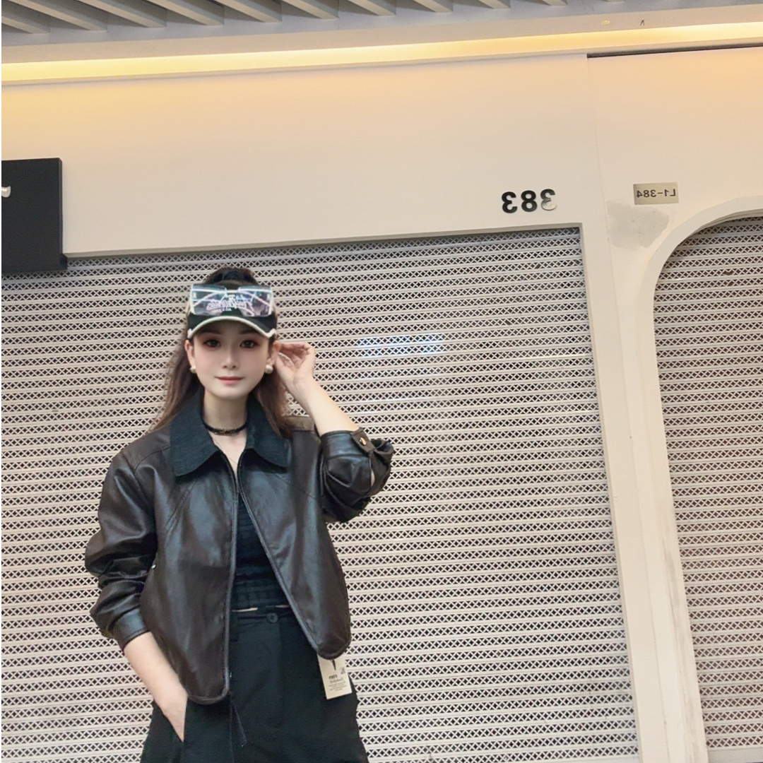 2025秋款宽松型女皮夹克韩版长袖网红翻领时尚百搭短外套