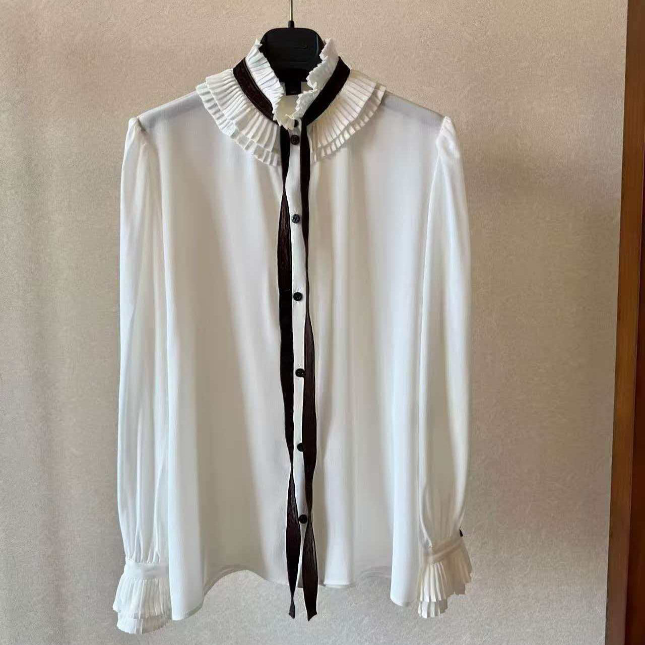 【CHANMITY】25/FW 法式宫廷风撞色丝光系带木耳边衬衫 02510128