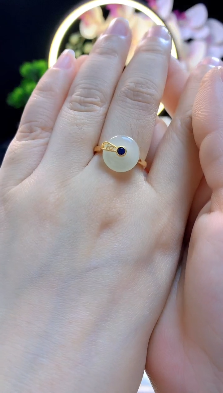 和田玉戒指银S925镶嵌时来运转戒指