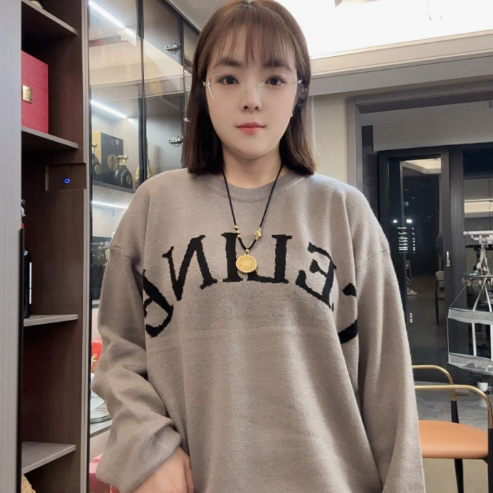 高级感设计字母刺绣无帽圆领卫衣女春秋新款宽松休闲下摆抽绳上衣