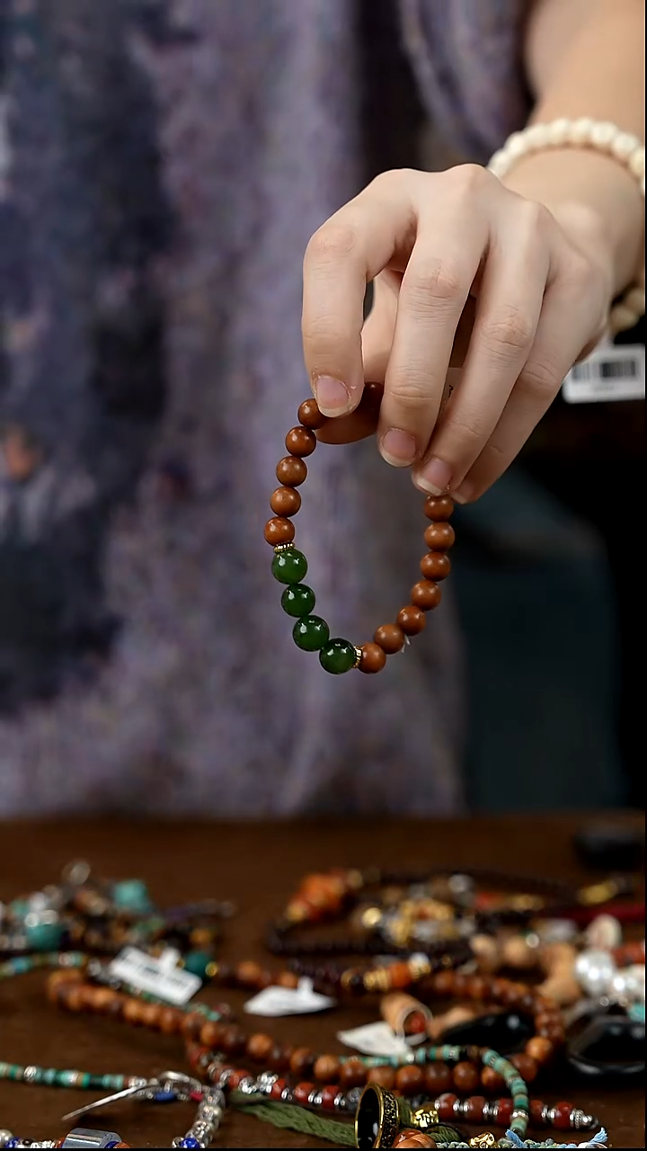 未镶嵌手串和田玉桃木雷击木混合料和田玉单圈