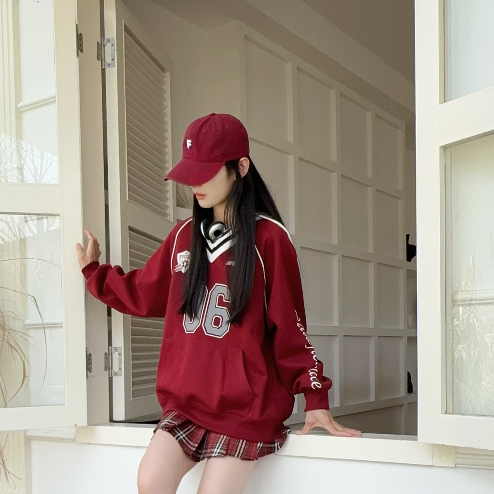 拼接常规款V领春秋落肩袖韩版套头卫衣透气上衣