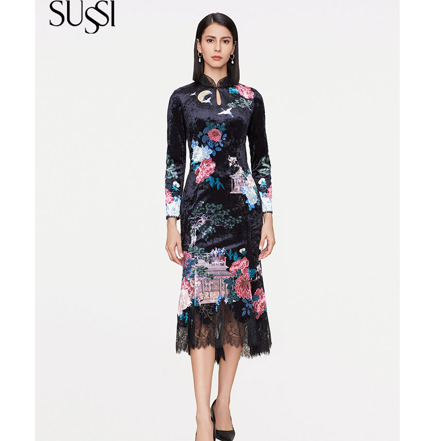 SUSSI/古色商城同款黑色旗袍领前中开水滴刺绣连衣裙