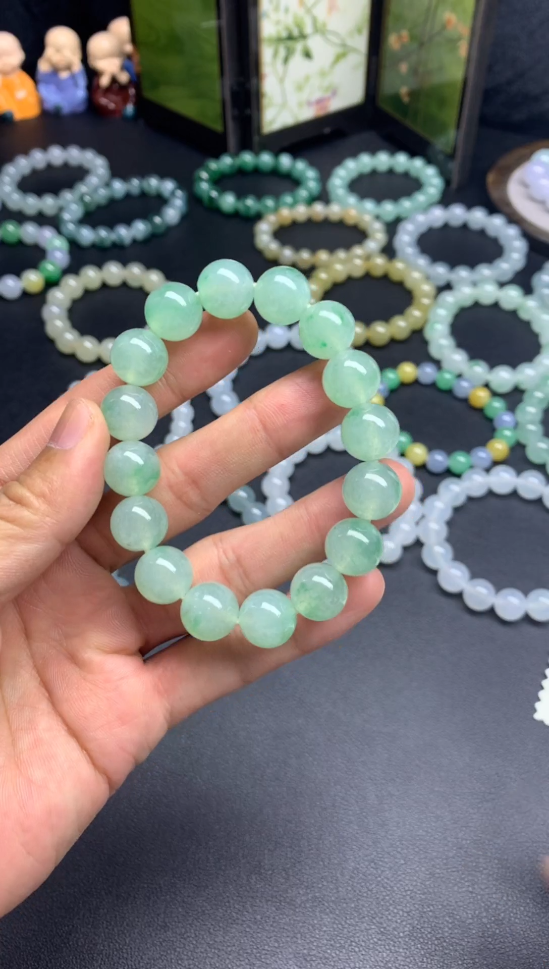 未镶嵌手链翡翠天然缅甸翡翠A货晴绿底飘绿花手串卡12.6mm