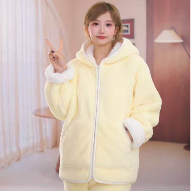 【双层复合】加厚保暖松紧带条纹女睡衣家居服套装时尚冬款上衣套装