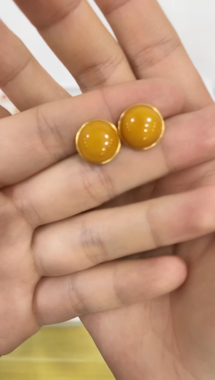 蜜蜡银S925镶嵌耳饰蛋面耳钉06