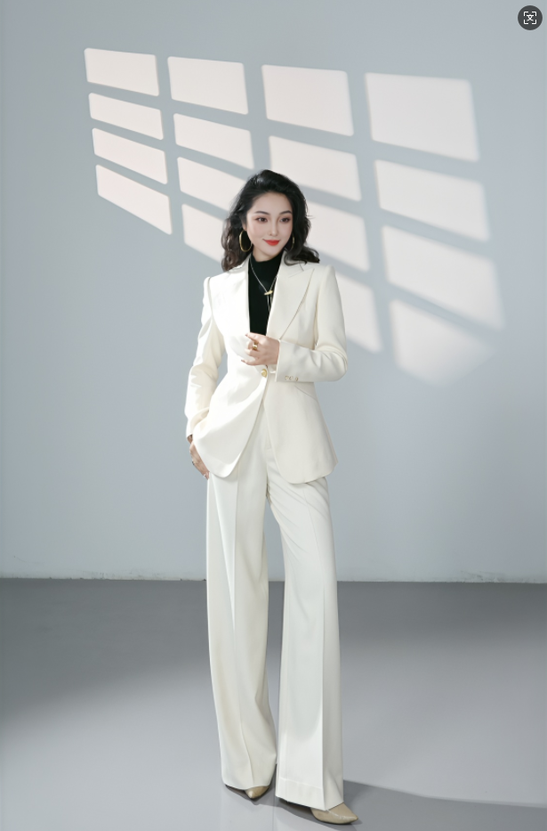杏白色秋冬款修身显瘦轻职商务休闲西装高端女士气质西装两件套