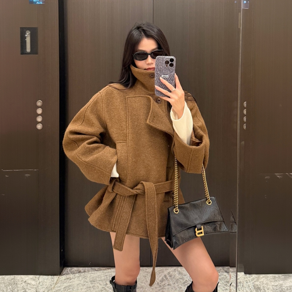 2026纯色立领长袖秋冬驼色毛呢外套小个子韩版