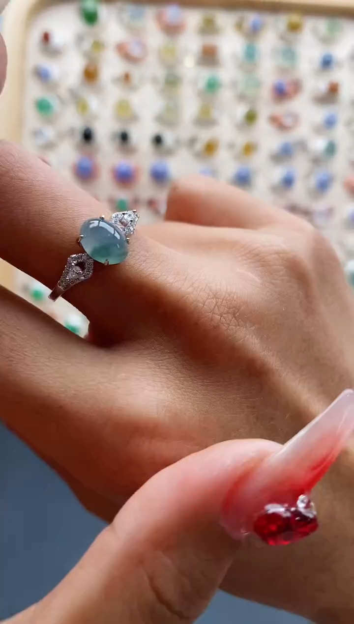 【闪购商品】翡翠戒指银S925镶嵌缅甸天然A货翡翠222 1+8