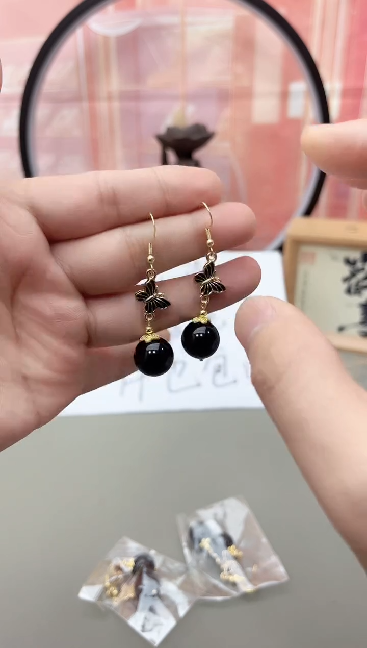 银S925镶嵌黑曜岩耳饰y305