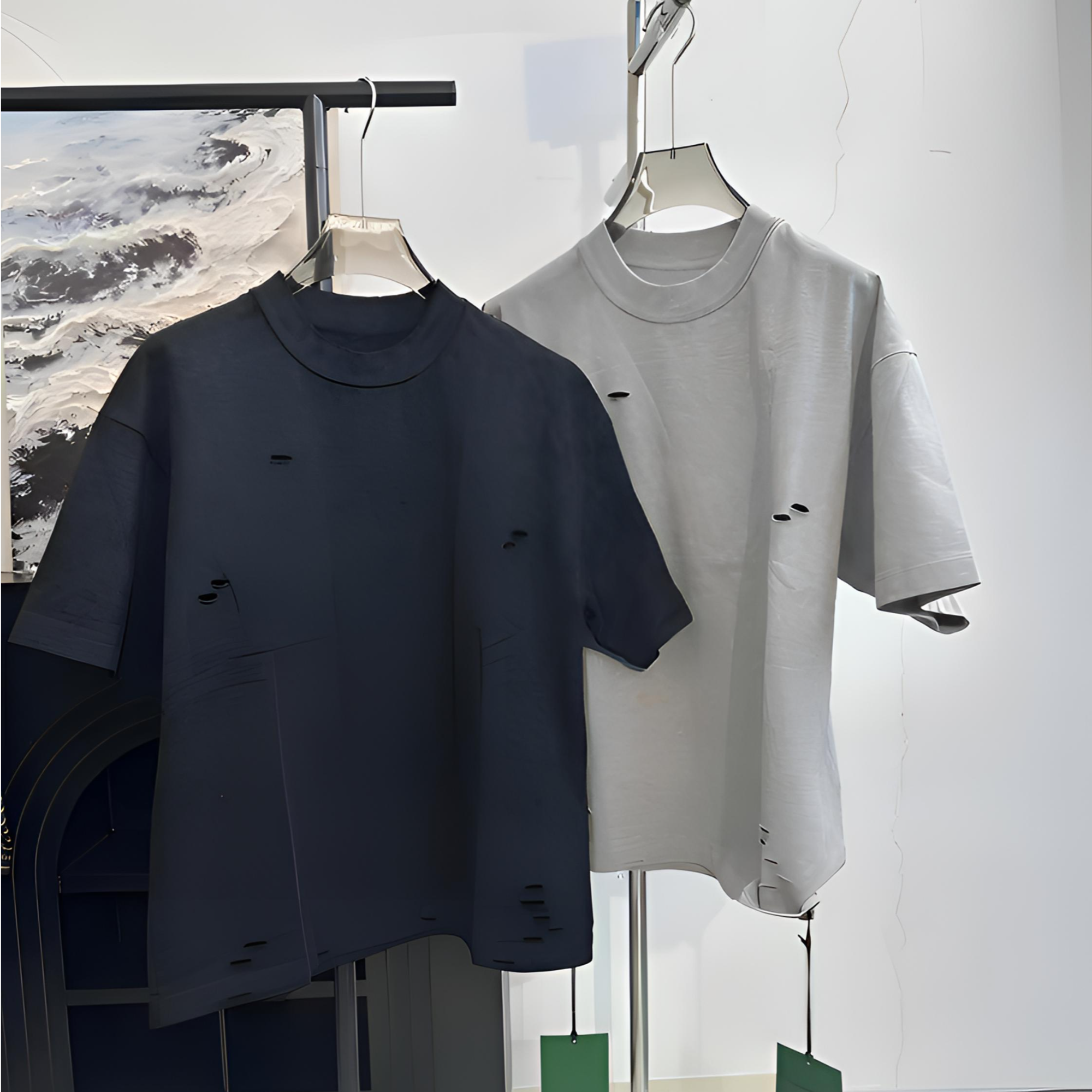 秋冬破洞条纹圆领简欧风短袖T恤简约半袖夏季春夏男士针织3003