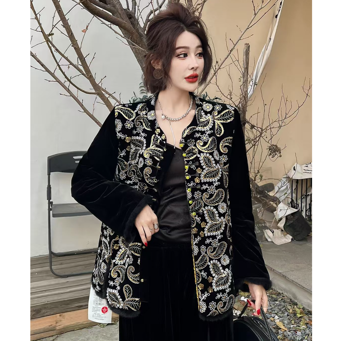 D8960新中式直下摆单排扣外套女国风重工刺绣复古百搭上衣