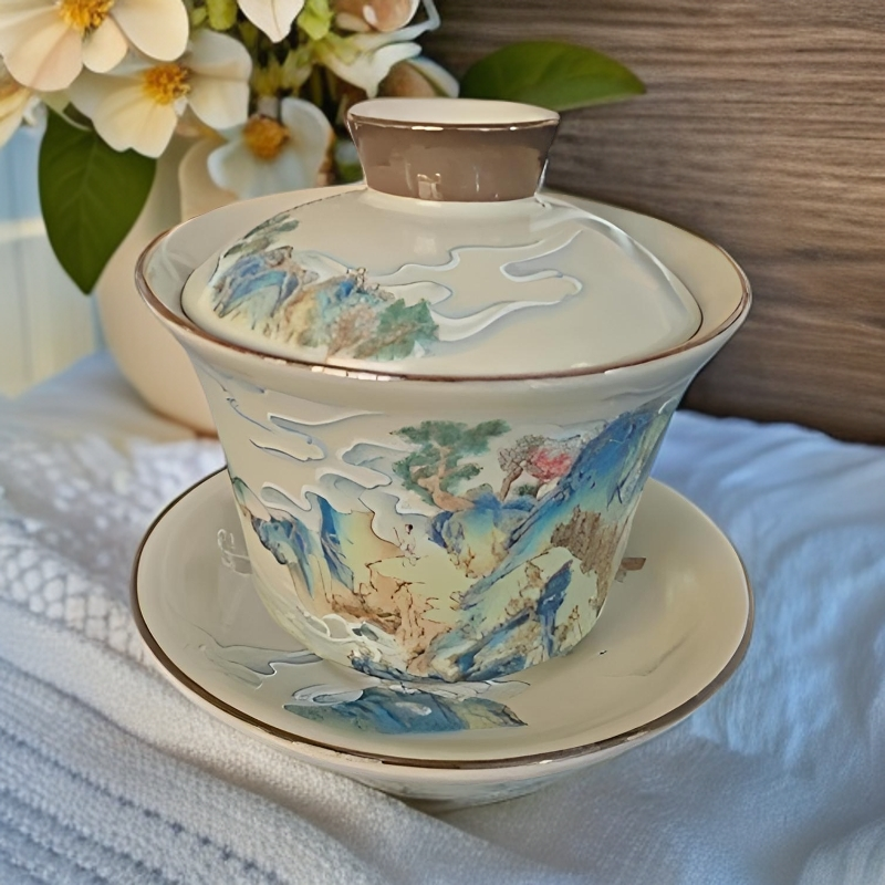 G3351-汝窑世外桃源山水盖碗瓷盖碗复古陶瓷大盖碗珐琅彩高档