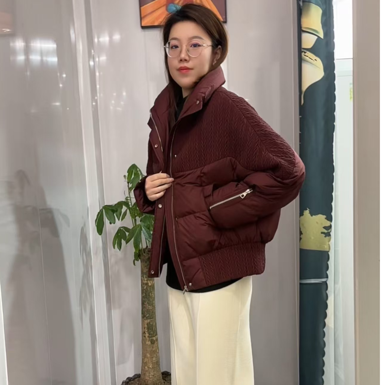编织条白鸭绒外套