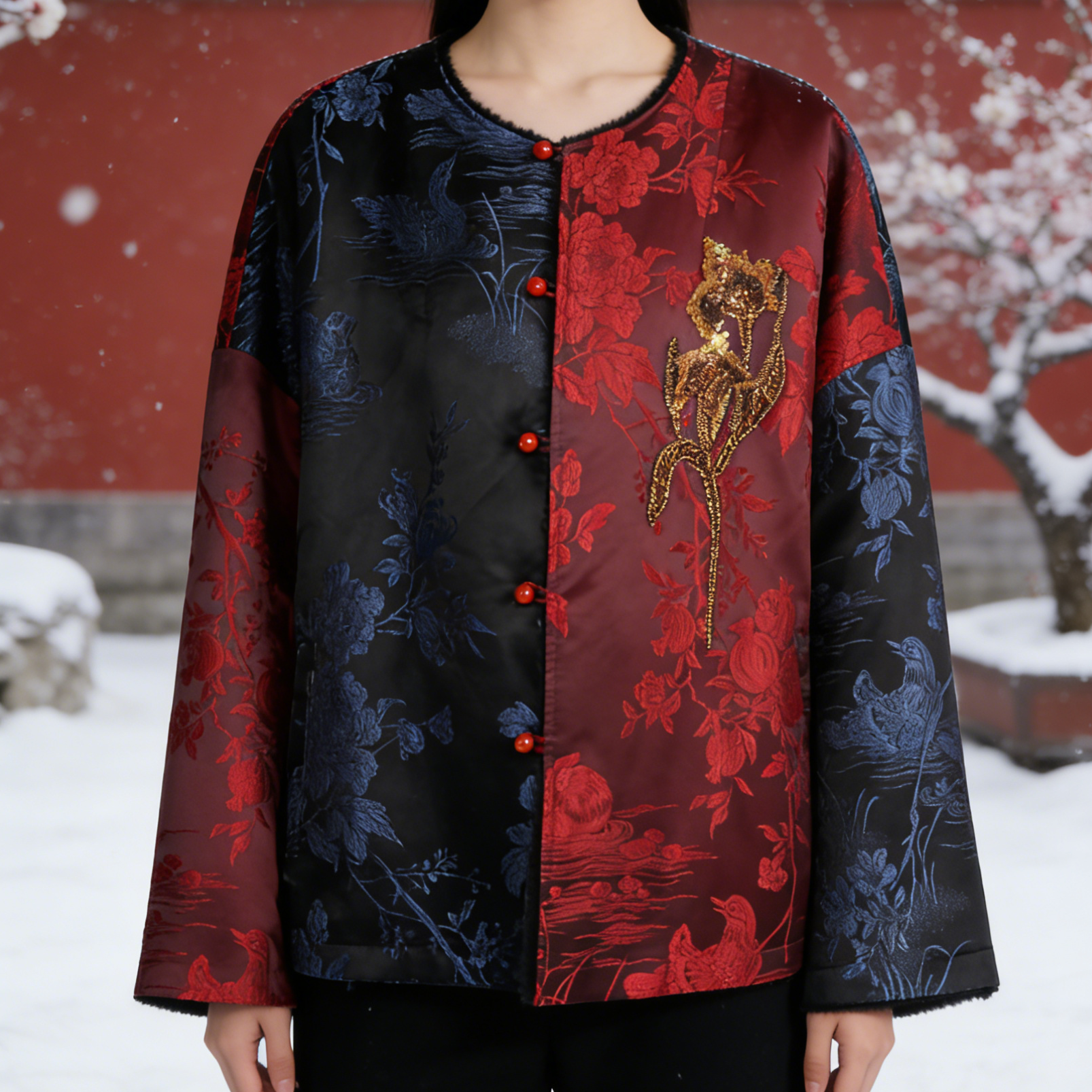 法绣珠花中式拼色羊皮毛一体外套上衣复古中国风秋冬宽松双面穿