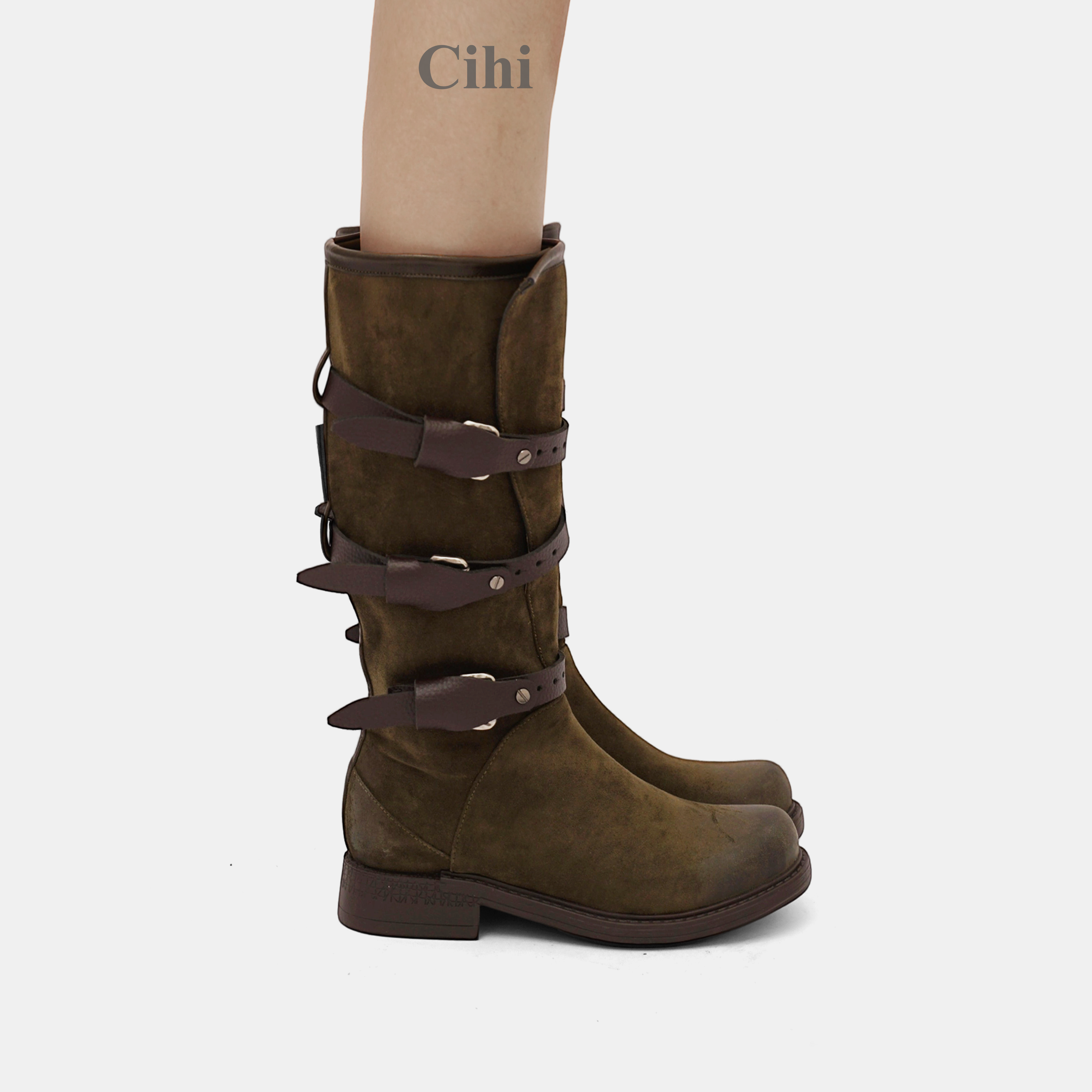 Cihi'Ahoilc' 做旧擦色 粗跟厚底褶皱复古长靴