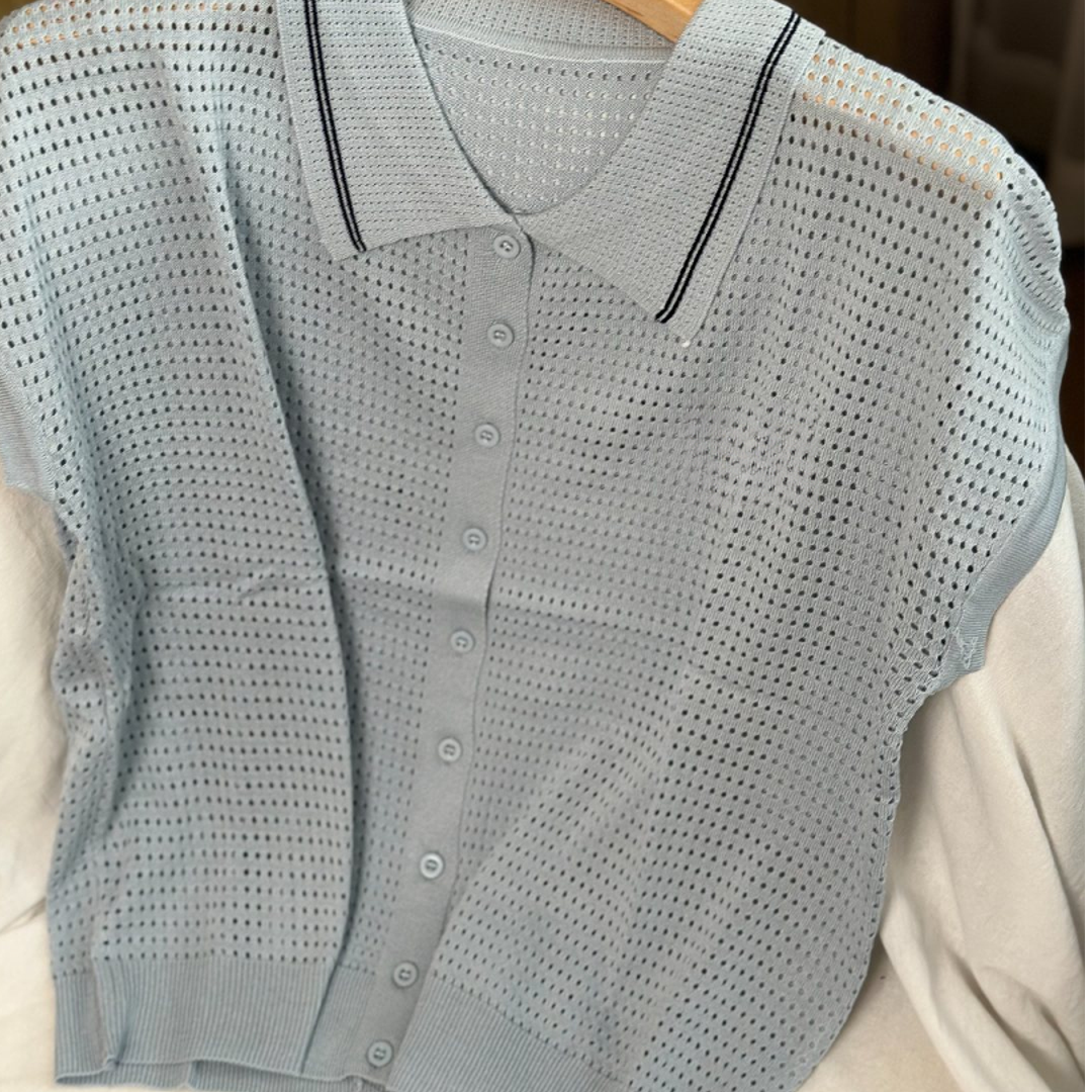 【欧琲】K580#POLO领镂空开衫针织上衣