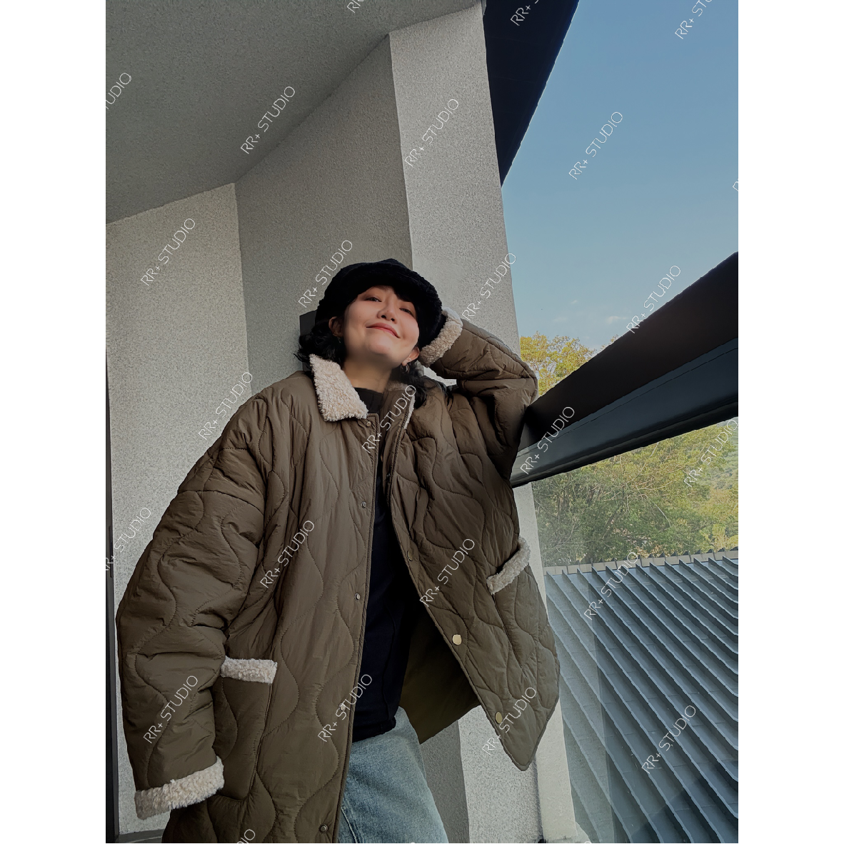 21301韩版宽松拼接保暖棉服女秋冬款轻薄菱形格翻领外套