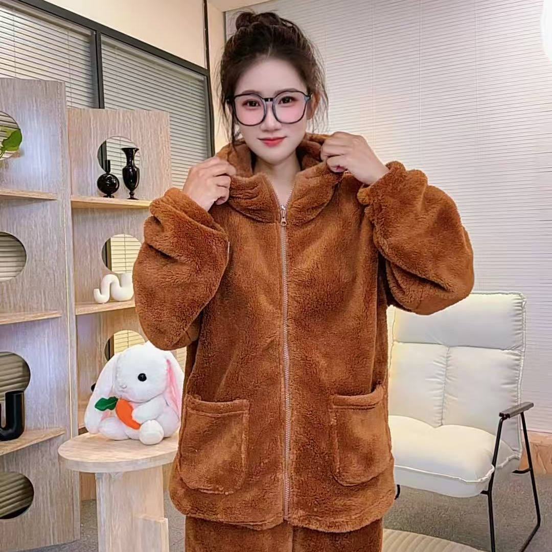 【加厚一整套】冬季保暖立领连帽睡衣家居服套装时尚加绒