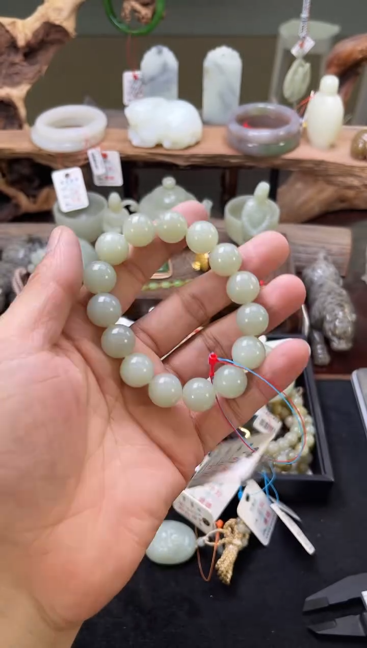 【闪购商品】和田玉未镶嵌手串卡14且末青白圆珠9006096