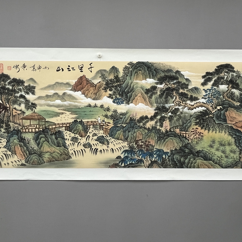 于秉安纯手绘宣纸 千里江山  180X70CM   国画作品