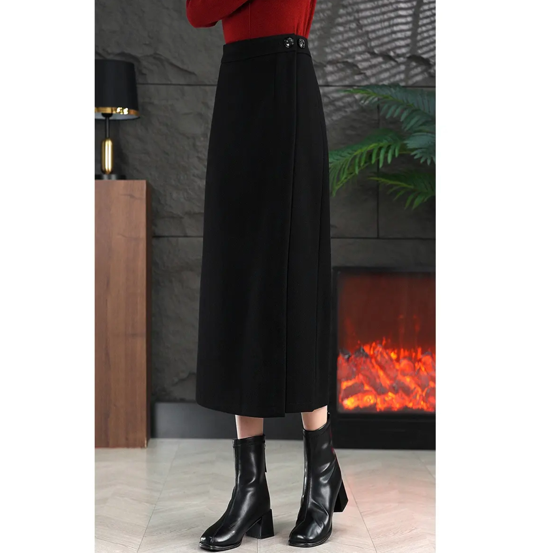 休闲黑色女士半身裙中长款垂感一步裙2025新款高腰显瘦气质裙子