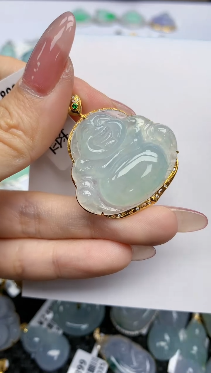 【闪购商品】翡翠挂件18K金镶嵌天然翡翠A货