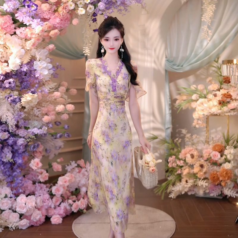 夏季新款女装时尚气质高腰显瘦轻奢名媛裙子碎花法式连衣裙6273