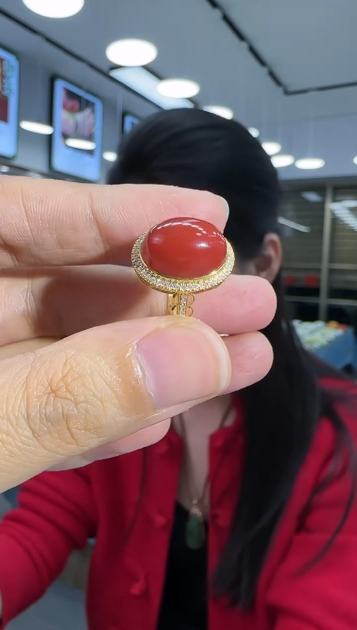 【闪购商品】南红玛瑙戒指18K金镶嵌18K金镶嵌南红蛋面戒指 3g+