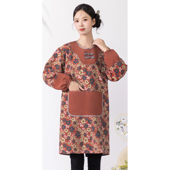 长袖围裙中式盘扣家用厨房做饭防污耐磨餐饮女外穿国风罩衣工作服