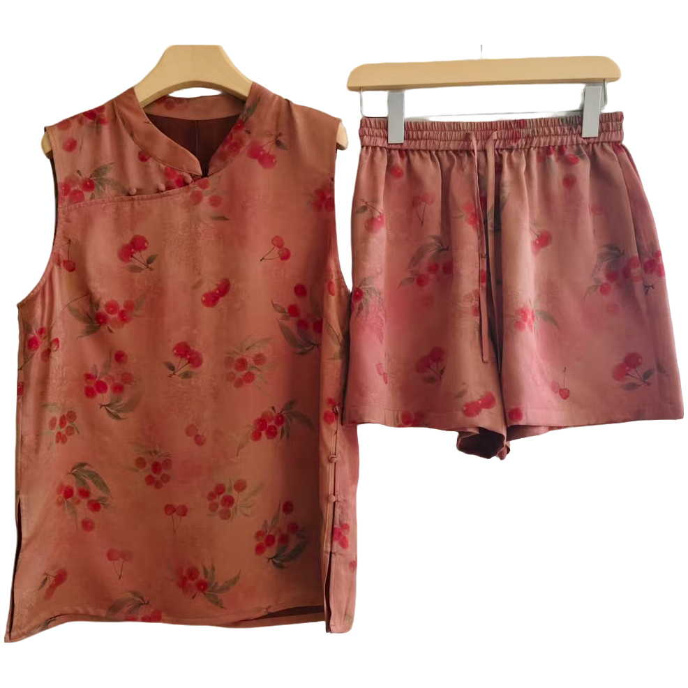 樱桃新中式香云纱100%桑蚕丝休闲上衣+抽绳短裤套装