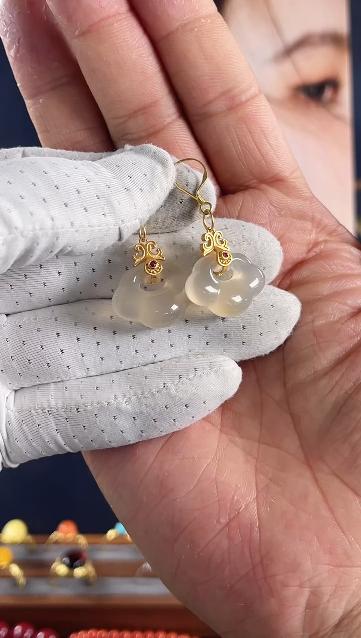 银S925镀金镶嵌耳坠玛瑙/玉髓棋*祥云锁荔枝冻耳坠