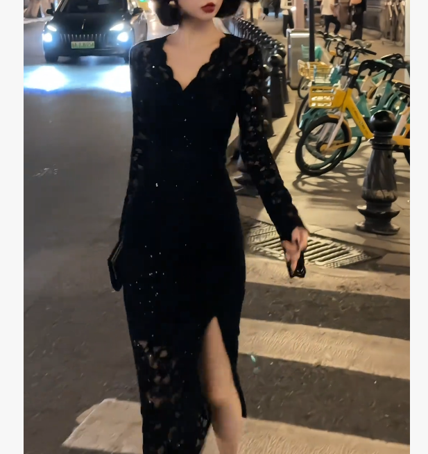 中长裙V领法式优雅开叉连衣裙长袖显瘦秋冬修身黑色名媛FJ122003