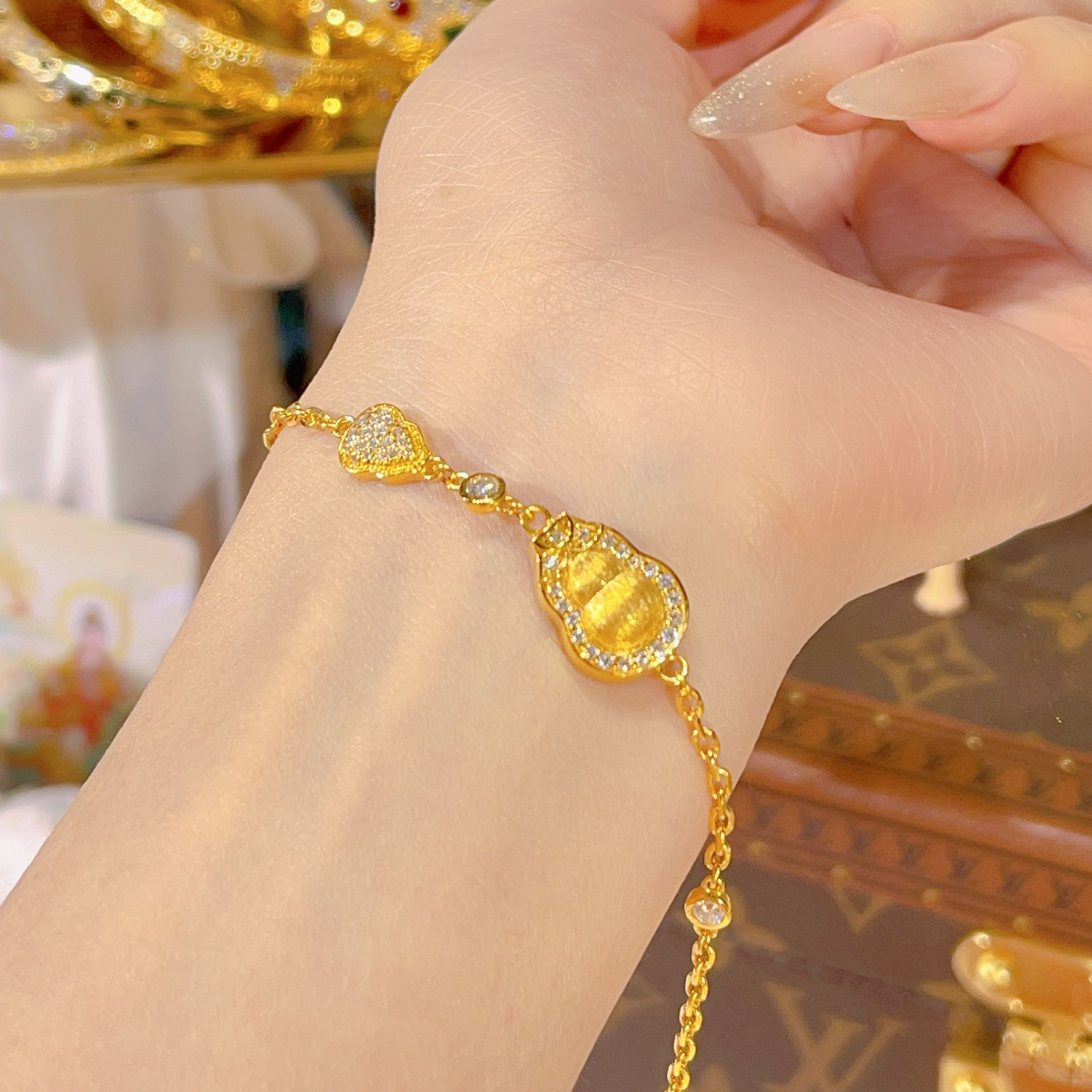 【苏妮法】足金999福气葫芦手链拉丝黄金镶嵌时尚轻奢手链7.65克