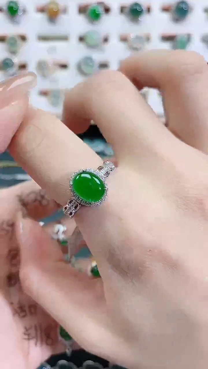 银S925镶嵌戒指翡翠 天然翡翠